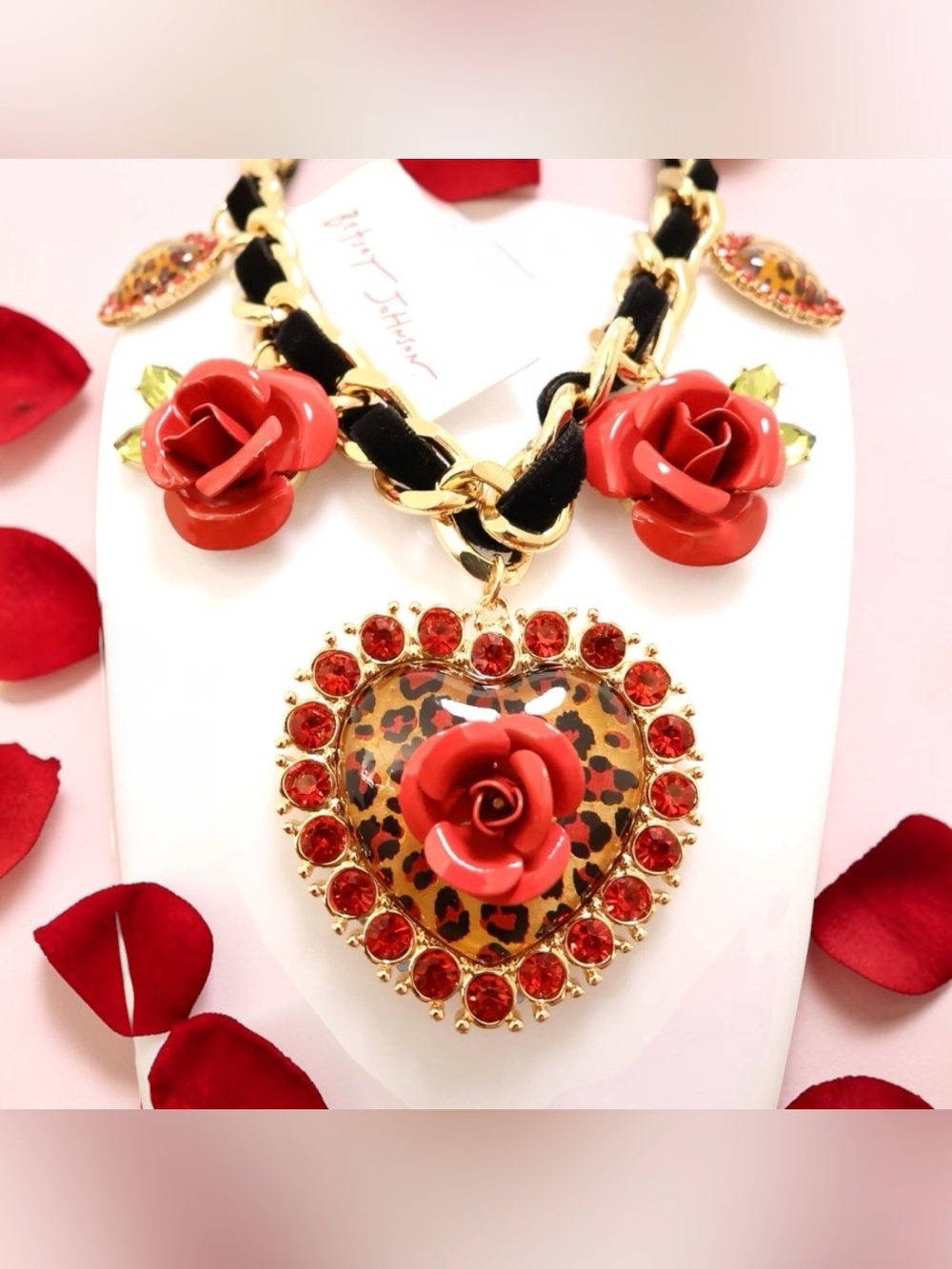 Betsey Johnson Gold-Tone Chain Necklace with Red Roses and Leopard Heart - Picture 3 of 16
